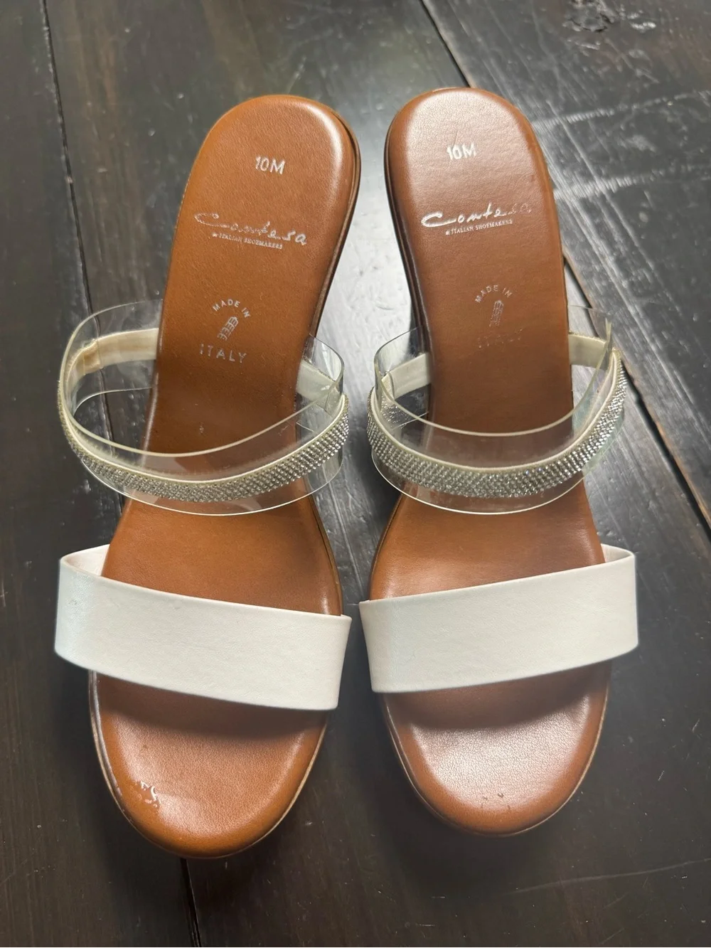 Clear Rhinestone and White Strap Brown Wedge Sandals
